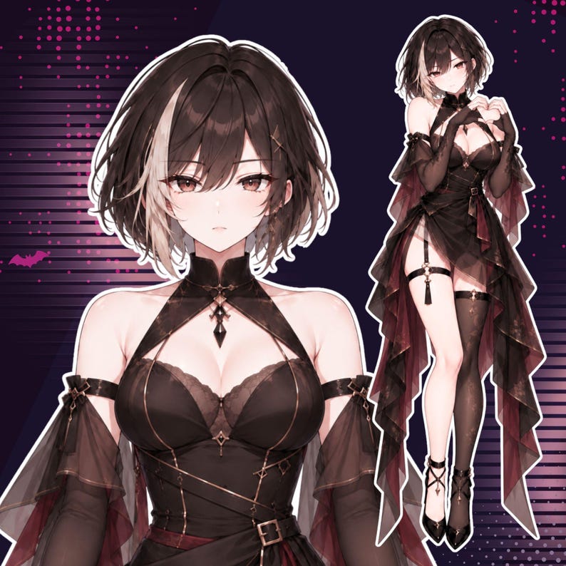 May include: Digital illustration of a custom anime VTuber model featuring a gothic female character with short brown and light blonde hair, red eyes, sheer black sleeves, and elegant black and red clothing. Preview shows a detailed bust up portrait and full body character design for a custom Live2D VTuber model.