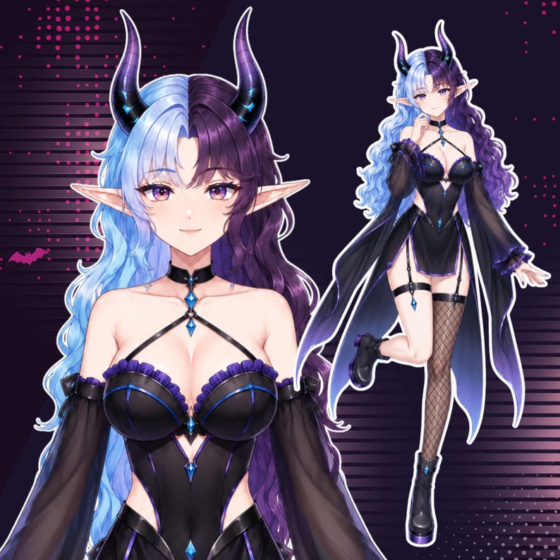 May include: Digital illustration featuring a custom anime VTuber character with split blue and purple hair, curved demon horns, elf ears, and a black fantasy outfit with flowing sleeves. Preview showcases a detailed half body portrait and a full body custom VTuber character.