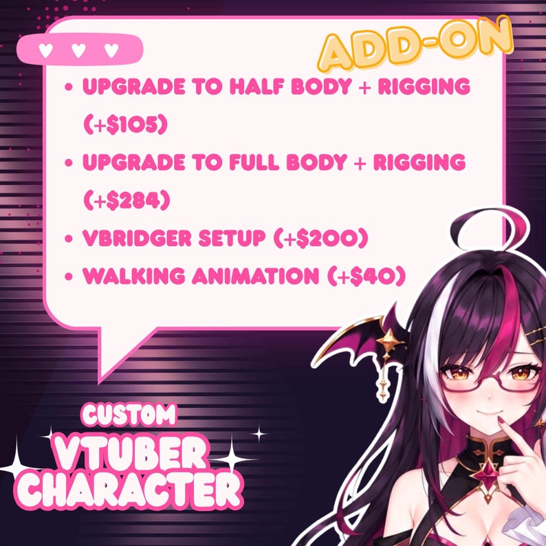 May include: Digital illustration featuring a custom anime VTuber character with long black, white, and magenta hair, glasses, and gothic fantasy clothing. Preview highlights available add on services including half body and full body Live2D rigging upgrades, VBridger setup, walking animation, and custom VTuber character options.