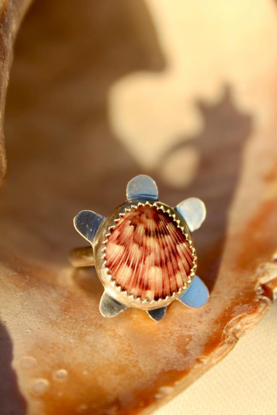 Sterling Silver Turtle Ring with Scallop Shell - .925 Sterling Silver - Size 6.5