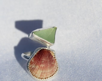 Sterling Silver Sea Glass and Scallop Shell Ring - Adjustable Size