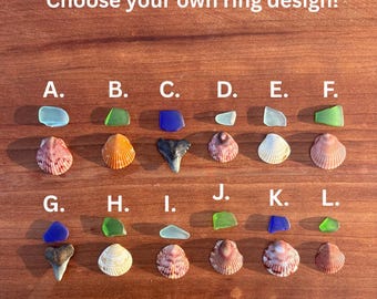 Beach Treasure Ring .925 Sterling Silver | Custom Sea Glass & Seashell or Shark Tooth | Choose Your Own | Adjustable Ring