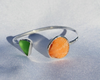 Sterling Silver Sea Glass and Scallop Shell Cuff Bracelet - 6 inches