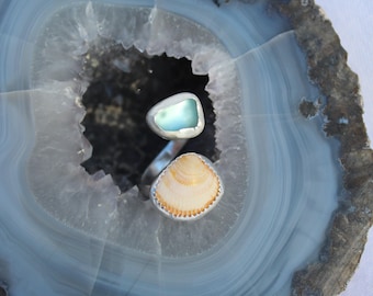 Sterling Silver Sea Glass and Shell Ring - Adjustable Size