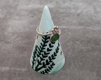 Green Handpainted Ring Cone, Botanical Pattern Sage and Bronze Detail, Hand made Jewellery Storage, Gift for Mum or Nan, Leaf Pattern Decor