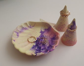 Ring holder shell trinket dish set | Matching bedroom decor | Yellow pink pastel seashell | Jewellery storage | Bedside table Gift for her