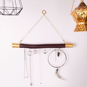 Painted Maroon Gold-Accented Wooden Jewelry Hanger / Found Natural Wood Statement Piece / Large Necklace Ring Jewelry Display / Boho Gifts
