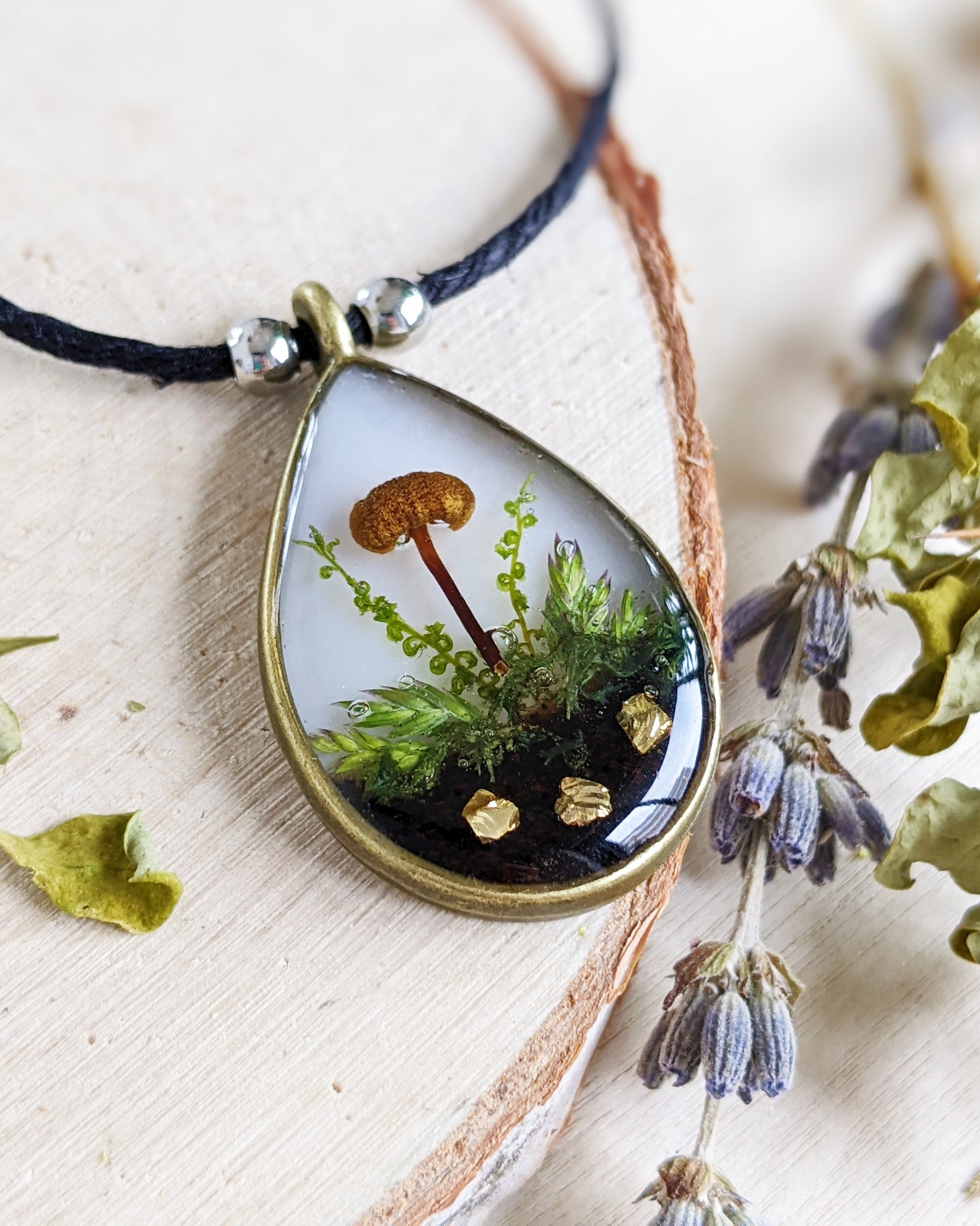 Real Mushroom Teardrop Nature Necklace Terrarium Resin Pendant
