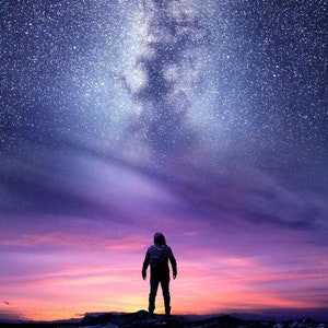 May include: A silhouette of a person standing on a hilltop, looking up at a night sky filled with stars and the Milky Way galaxy. The sky is a deep blue with hints of purple and pink.
