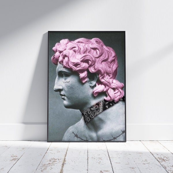 David Michelangelo's Sculpture wall art Pink hair wall decoration Black Bandana decor Edgy wall art tattoo Urban life art for streetwear art