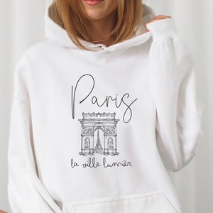 Cute Paris Hoodie, Paris Outfit, Unisex Hooded Sweater, Soft Paris Pullover, L&#39;arc de Triomphe, Paris Clothes, Eiffel Tower, Paris Apparel