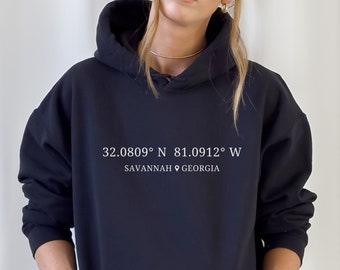 Custom Coordinates Hoodie, Personalized Hometown Outfit, Unisex Hooded Sweater, Soft Pullover, Cute Hometown Clothes,Latitude Longitude Gift