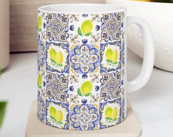 Italian Lemon Tile Mug Italian Blue Tiles Mediterranean Theme Gift Amalfi Coast Decor Lemon Coffee Cup Majolica Tile Italian Vacation