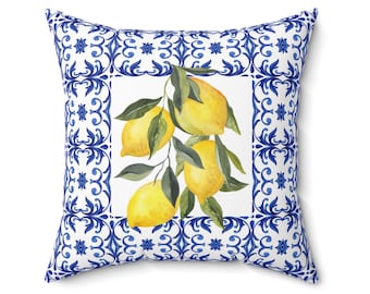 Italy Pillow, Amalfi Lemons, Italian Living, Italia Decor, Majolica Pillow with Cover, Blue Majolica Tiles, Amalfi Lemon Decor, Amalfi Gift