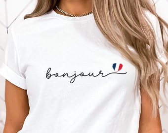 Cute Bonjour Shirt, French Flag TShirt, France Trip T-Shirt, Bonjour Clothes, Soft Tee, French Minimalistic Outfit, Bonjour French Crewneck