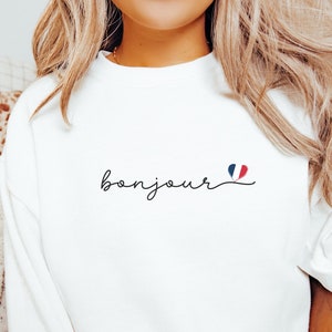 Bonjour Sweatshirt, Unisex French Words Sweater, French Quote Clothes, Gift for French, Minimalistic Bonjour Clothing, Bonjour Crewneck