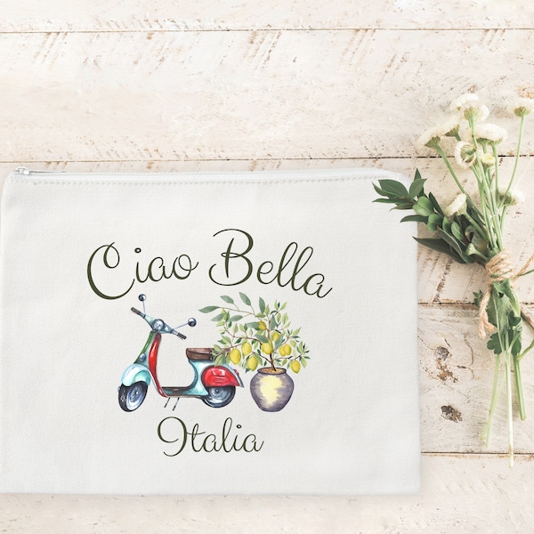 Ciao Bella Pouch • Cute Cotton Zipper Bag • Small Italy Gifts • Italian Lemons • Vintage Vespa • Italy-Themed Gift for Her • Italy Traveler