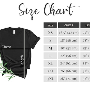 May include: Size chart for a t-shirt with measurements in inches and centimeters. The chart shows the chest and length measurements for sizes XS, S, M, L, XL, 2XL, and 3XL.