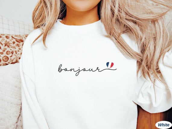 Bonjour Script (White) T-Shirt For Lovers Of France Bonjour Script (White) T-Shirt For Lovers Of France
