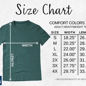 May include: Size chart for adult heavyweight t-shirts in Comfort Colors 1717. The chart shows sizes S through 4X with corresponding width and length measurements in inches.