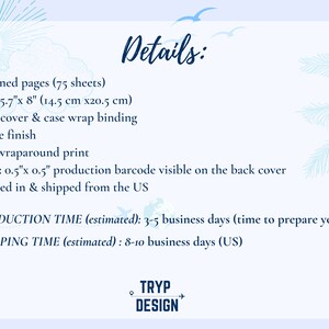 Op de afbeelding: Details van een hardcover journal met 150 gelinieerde pagina's, met een afmeting van 14,5 cm bij 20,5 cm. Het journal heeft een matte afwerking en een volledige omslagprint. De productietijd is geschat op 3-5 werkdagen en de verzendtijd is geschat op 8-10 werkdagen.
