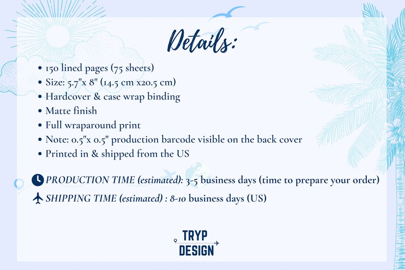 Op de afbeelding: Details van een hardcover journal met 150 gelinieerde pagina's, met een afmeting van 14,5 cm bij 20,5 cm. Het journal heeft een matte afwerking en een volledige omslagprint. De productietijd is geschat op 3-5 werkdagen en de verzendtijd is geschat op 8-10 werkdagen.