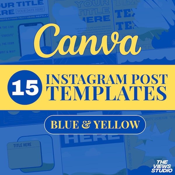 15 Blue & Yellow Marble Instagram Post Templates Canva | Business Instagram Branding | Fashion Canva Template | Content Creator Branding