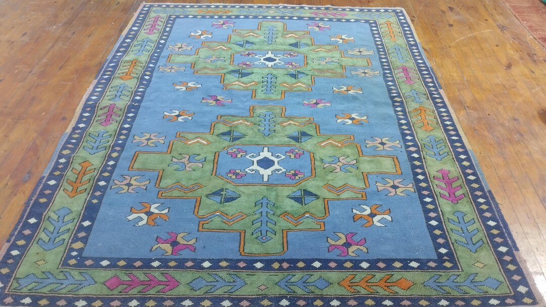 6x7 Rug 6x7 Turkısh Vintage Area Rug, Handmade Wool Blue Green Rug, 6x7.5 Ft ...
