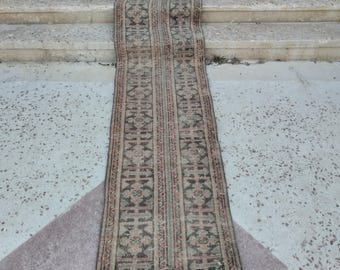 Vintage Turkish Wool Runner Rug: Handwoven Stair Rug (1.10x11.8 ft)