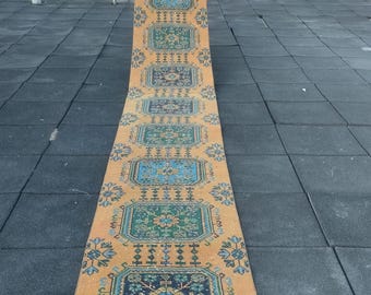 Extra Long Turkish Oushak Runner Rug: Vintage Wool Stair Rug (2.5x20.11 ft)