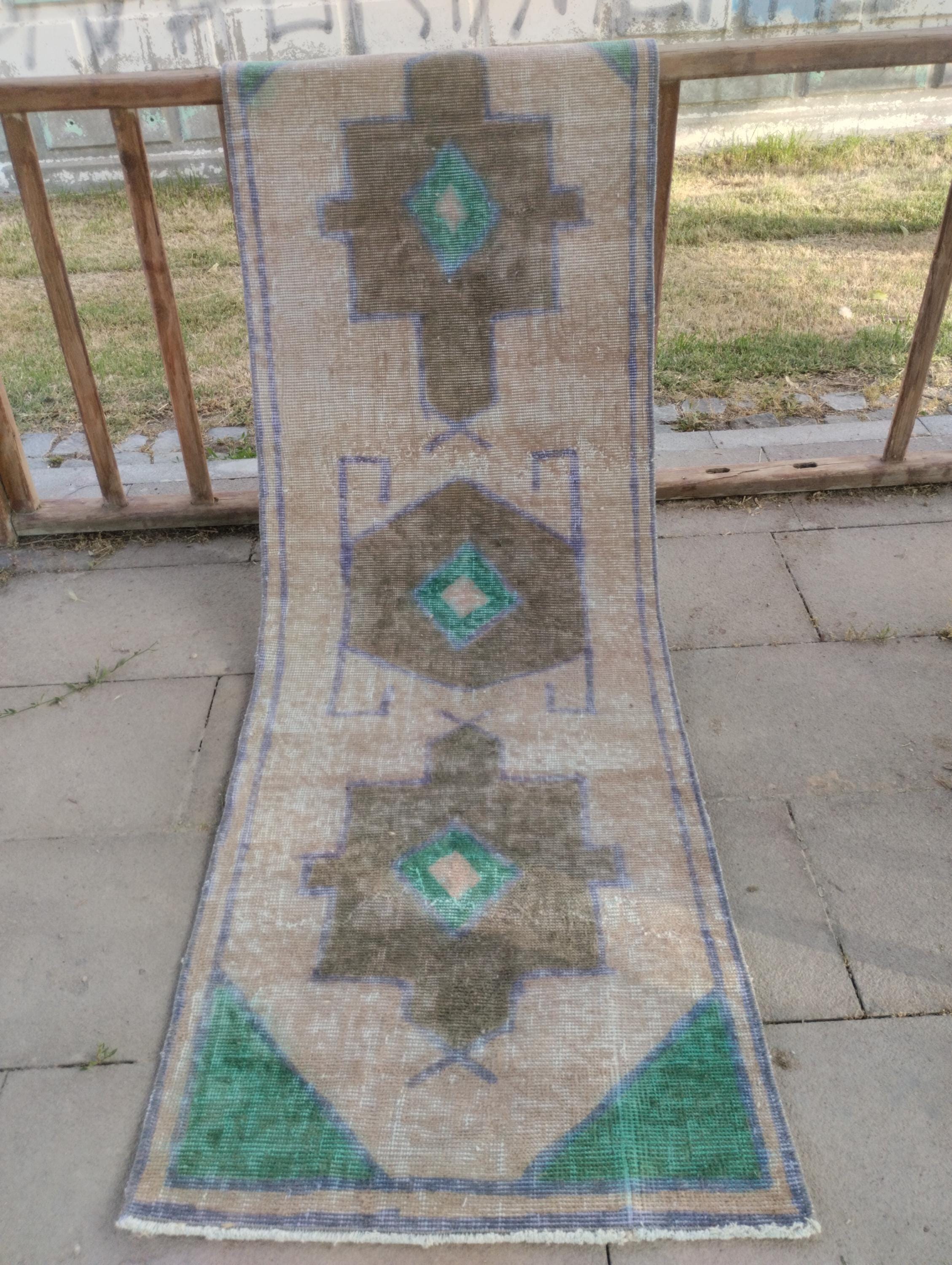 Tapis de course turc en laine fait main : oushak antique, petit tapis d'entrée (1,11 x 5,11 pi)