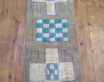 Vintage Turkish Runner Rug: Brown & Green Wool Hallway Rug (2.1x5.5ft)