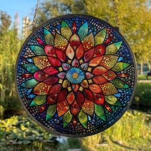 Mandala Painted Stained Glass Suncatcher, Window Hanging Decor, Outdoor Sun Catcher Decor, Geometric Mandala Wall Decor