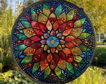 Atrapasol de vidrio pintado con mandala, decoración para colgar en ventanas, decoración para exteriores, decoración de pared con mandala geométrico