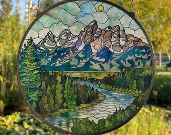 Grand Teton National Park Painted Stained Glass Suncatcher, Window Hanging Decor, Outdoor Sun Catcher Decor, National Park Wall Decor