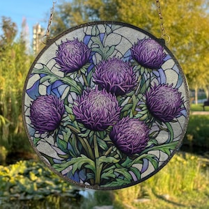 Purple Thistles Stained Glass Style Wall and Window Decoration, Sun Catcher Wall Art, Indoor Decor, Special Gifts for Women, Window Hanging