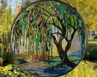 Weeping Willow Painted Stained Glass Suncatcher, Window Hanging Decor, Outdoor Sun Catcher Decor, Landscape Wall Decor