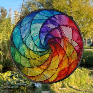 Rainbow Spiral Stained Glass Suncatcher, Window Hanging Decor, Outdoor Sun Catcher Decor, Geometric Spiral Wall Decor