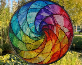 Rainbow Spiral Stained Glass Suncatcher, Window Hanging Decor, Outdoor Sun Catcher Decor, Geometric Spiral Wall Decor