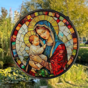 Virgin Mary Stained Glass Style Wall and Window Decoration, Suncatcher Wall Art, Indoor Decor, Christian Home Decor, Catholic Window Hanging