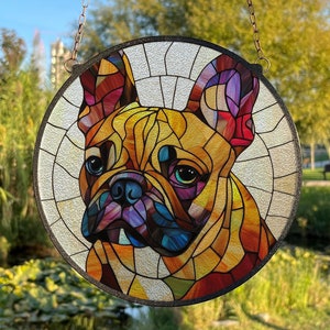 Attrape-soleil en vitrail peint bouledogue français, décoration de fenêtre pour chien, attrape-soleil en plein air, cadeau pour amoureux des chiens, décoration d&#39;intérieur bouledogue