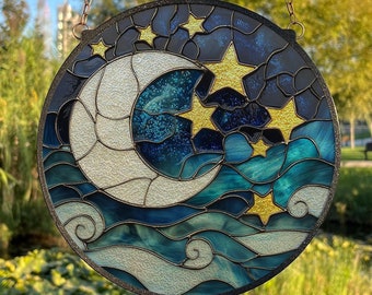 Five Moon Phases Stained Glass Window Panel Med Blue/pure White - Etsy