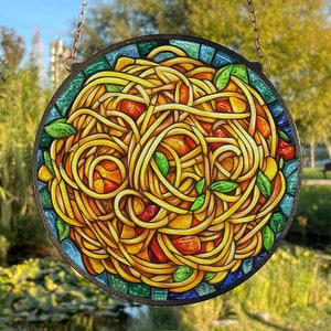 Spaghetti pasta gebrandschilderd glas, raam hangend decor, keuken Suncatcher decor, Italiaans eten Suncatcher, bar kar decor, pasta minnaar cadeau