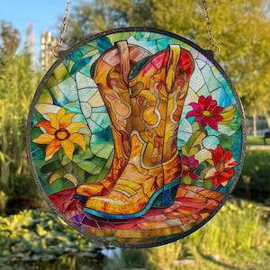 Cowgirl Boots Suncatcher, Window Hanging Decor, Outdoor Sun Catcher Decor, Western Decor, Cowboy Art, Southwestern Horse Glass Art