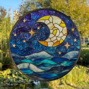 Moon and Stars Painted Stained Glass Suncatcher, Window Hanging Decor, Outdoor Sun Catcher Decor, Nursery Room Decor