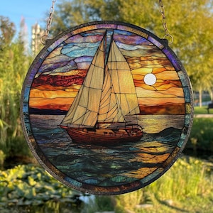 Sailboat Painted Stained Glass Suncatcher, Window Hanging Decor, Seascape Suncatcher Decor, Ocean Wall Decor, Sailboat Home Decor