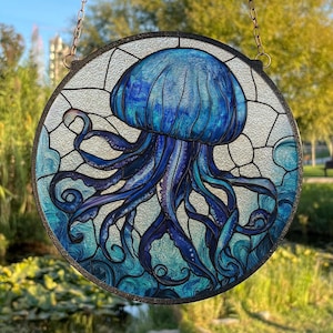 Blue Jellyfish Painted Stained Glass Suncatcher, Window Hanging Decor, Outdoor Sun Catcher Decor, Sea Jellyfish Home Decor, Seascape Art