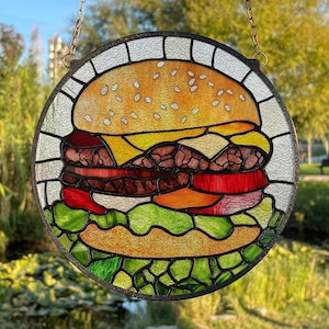 Burger Stained Glass, Window Hanging Decor, Kitchen Suncatcher Decor, American Food Suncatcher, Bar Cart Decor, Burger Lover Gift