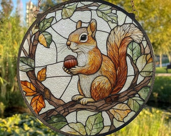 Squirrel Stained Glass Suncatcher, Hand-Painted Window Hanging