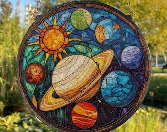 Solar System Stained Glass Suncatcher, Planets Window Hanging Decor